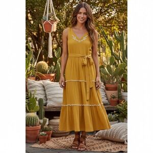JOIE Revolve Tiered Sleeveless Embroidered Midi Boho Dress‎ Size 10 Yellow